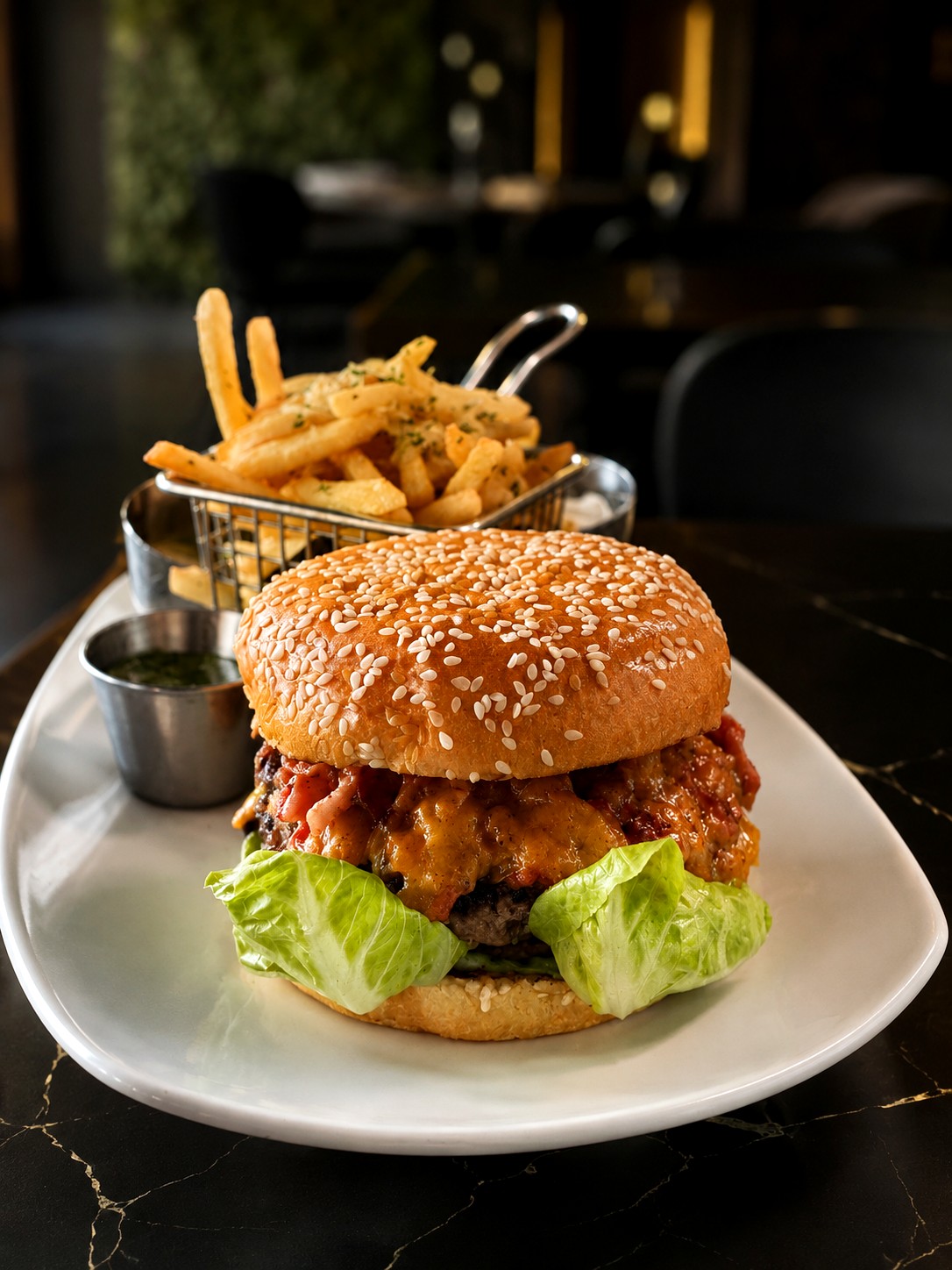 Eterna SmashBurger with melted cheese and a basket of fries